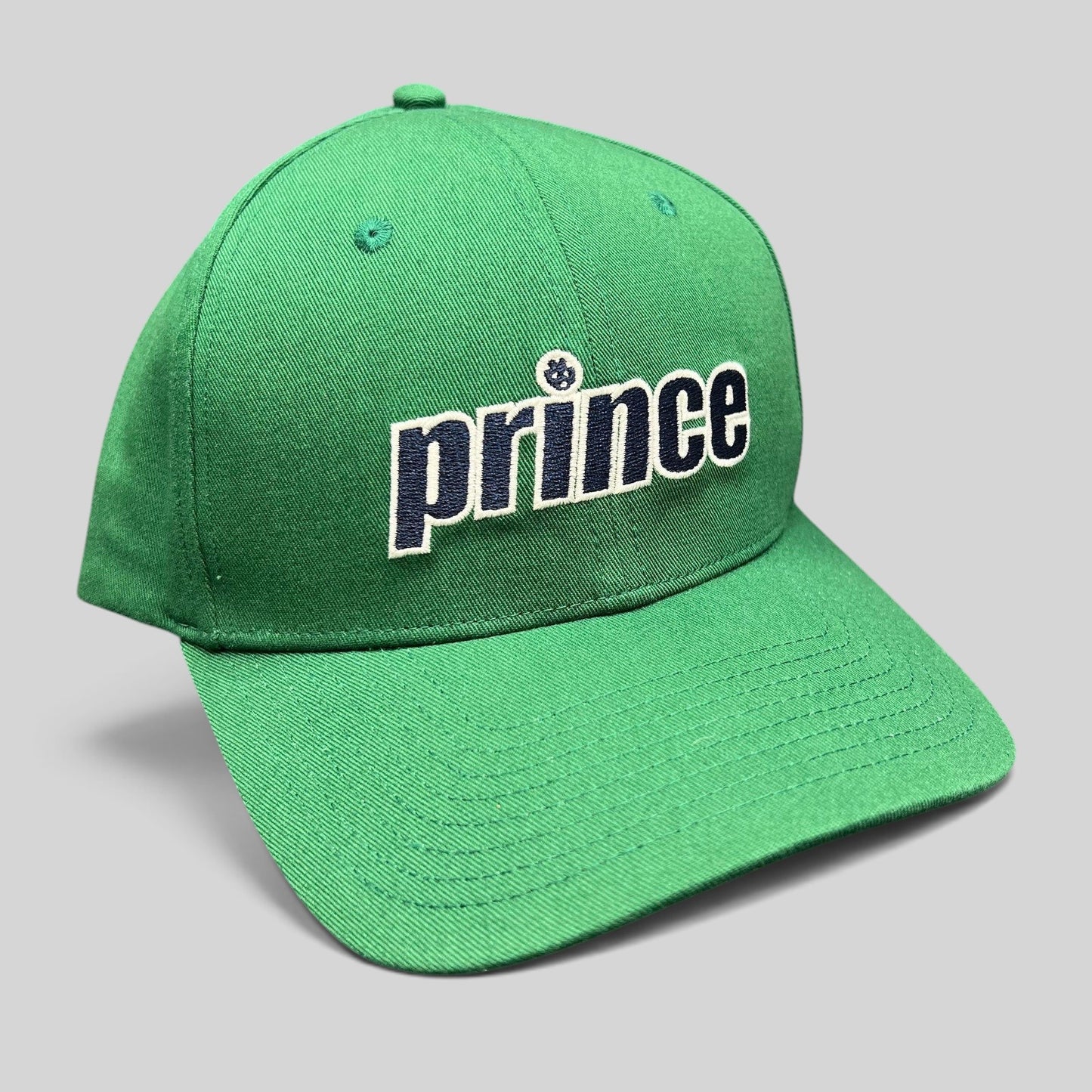 Raree Finds Prince Pickleball green strapback hat with bold navy and white embroidered script logo on the front