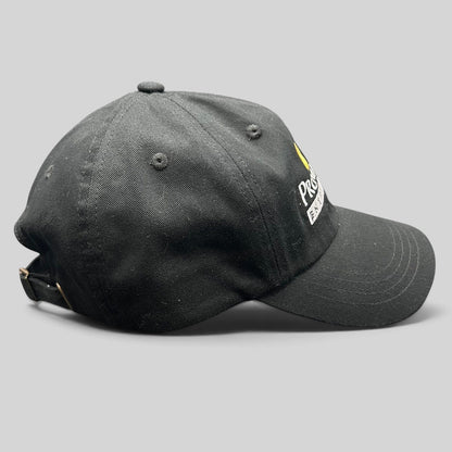 Raree Finds black Yupoong strapback hat with white and orange Prometheus Entertainment embroidered flame logo