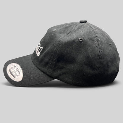 Raree Finds black Yupoong strapback hat with white Prometheus Entertainment logo embroidery and curved brim