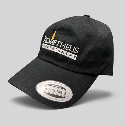 Raree Finds black Yupoong strapback hat with white and orange Prometheus Entertainment logo embroidery