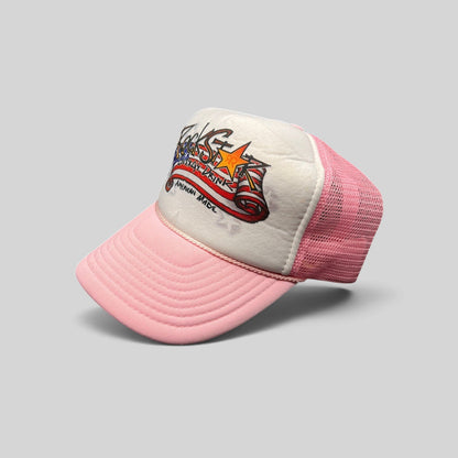 Raree Finds vintage Rockstar Energy Drink trucker hat with white foam front, pink mesh back, and American flag logo.