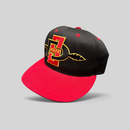 Raree Finds vintage San Diego State Aztecs snapback hat in black and red cotton with embroidered SDSU spear logo.