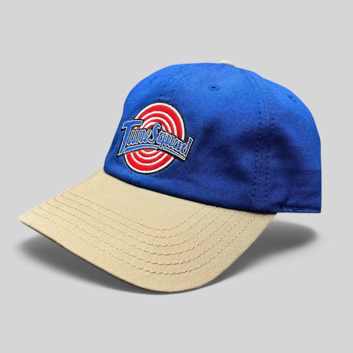 Raree Finds Warner Bros Space Jam Tune Squad strapback hat with royal blue cotton crown and khaki curved brim