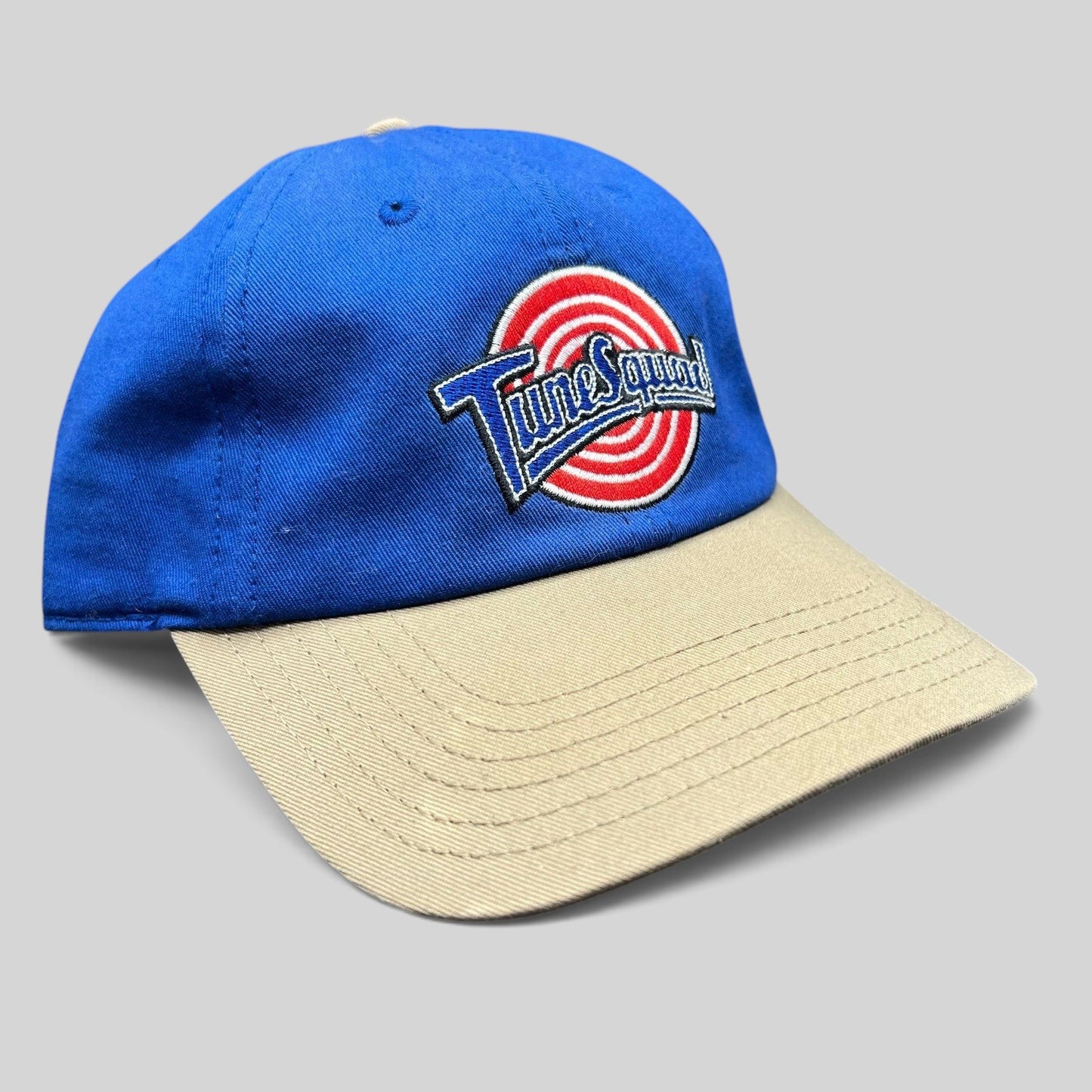 Raree Finds Space Jam Tune Squad strapback hat with a royal blue cotton crown, khaki brim, and embroidered logo.