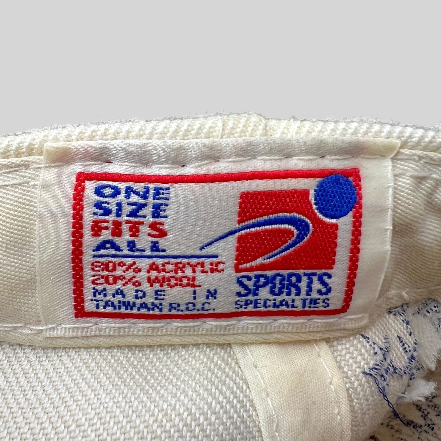 Raree Finds vintage Sports Specialties hat tag showing 80 percent acrylic and 20 percent wool material composition