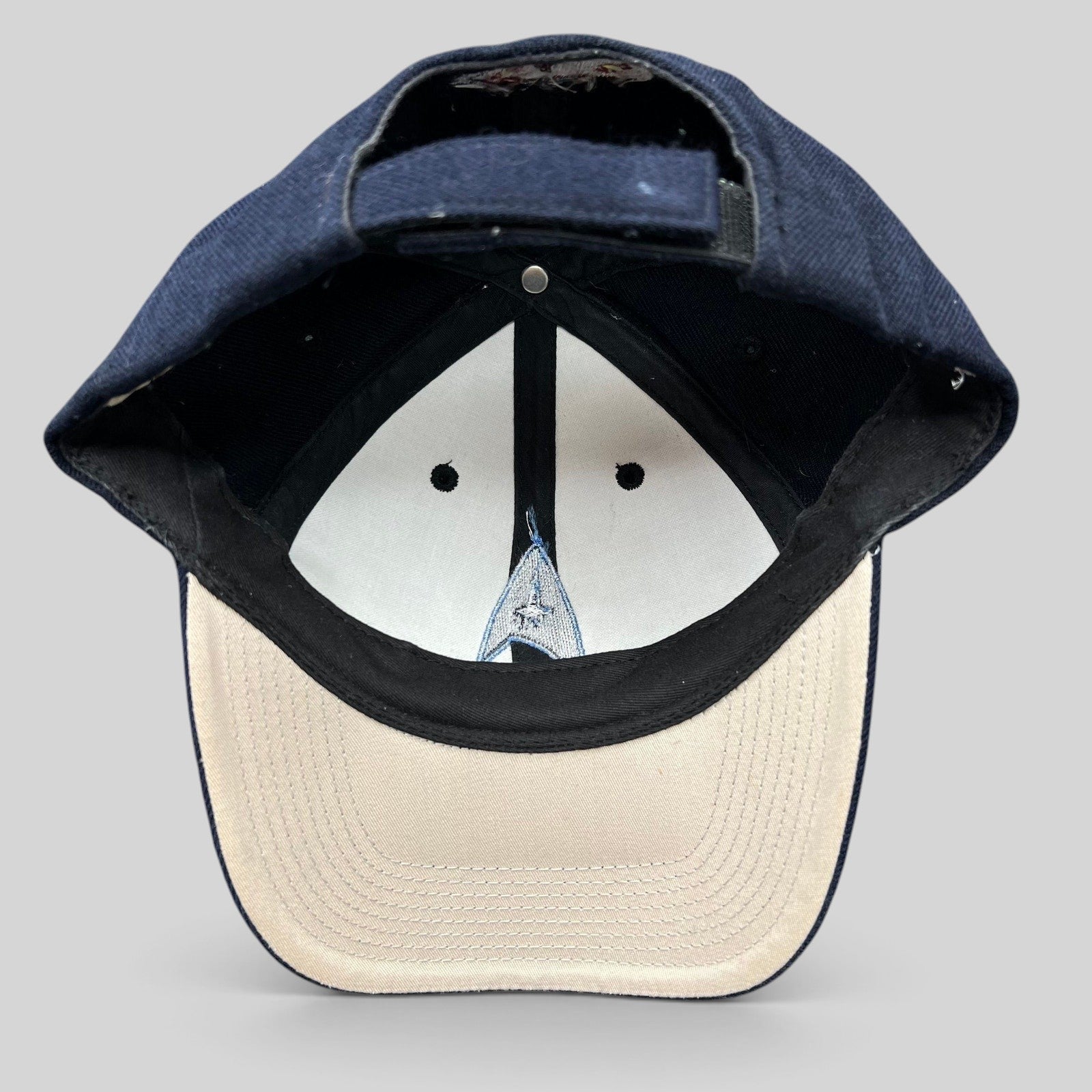 Raree Finds navy blue cotton twill Star Trek 2009 crew hat with Starfleet delta insignia and rear starship embroidery