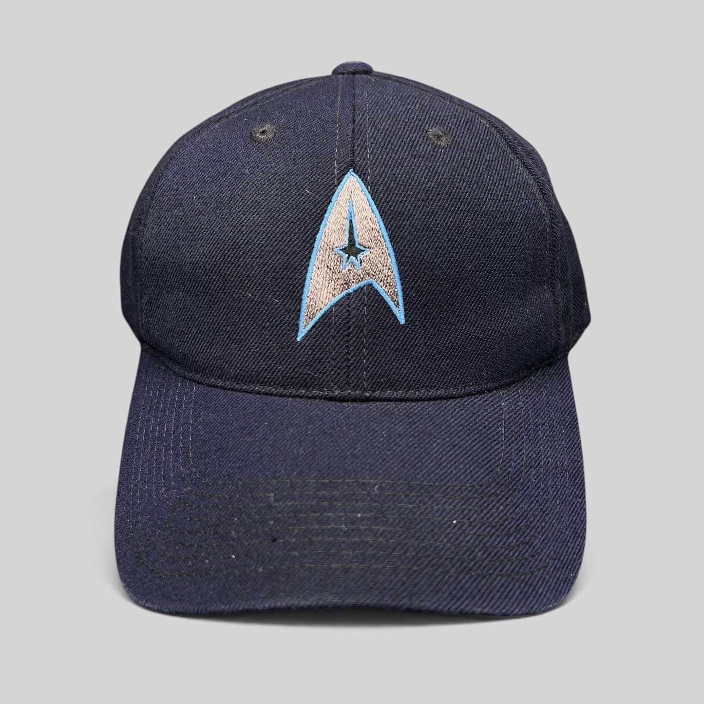 Raree Finds navy blue cotton twill Star Trek 2009 film crew strapback hat with embroidered Starfleet delta insignia