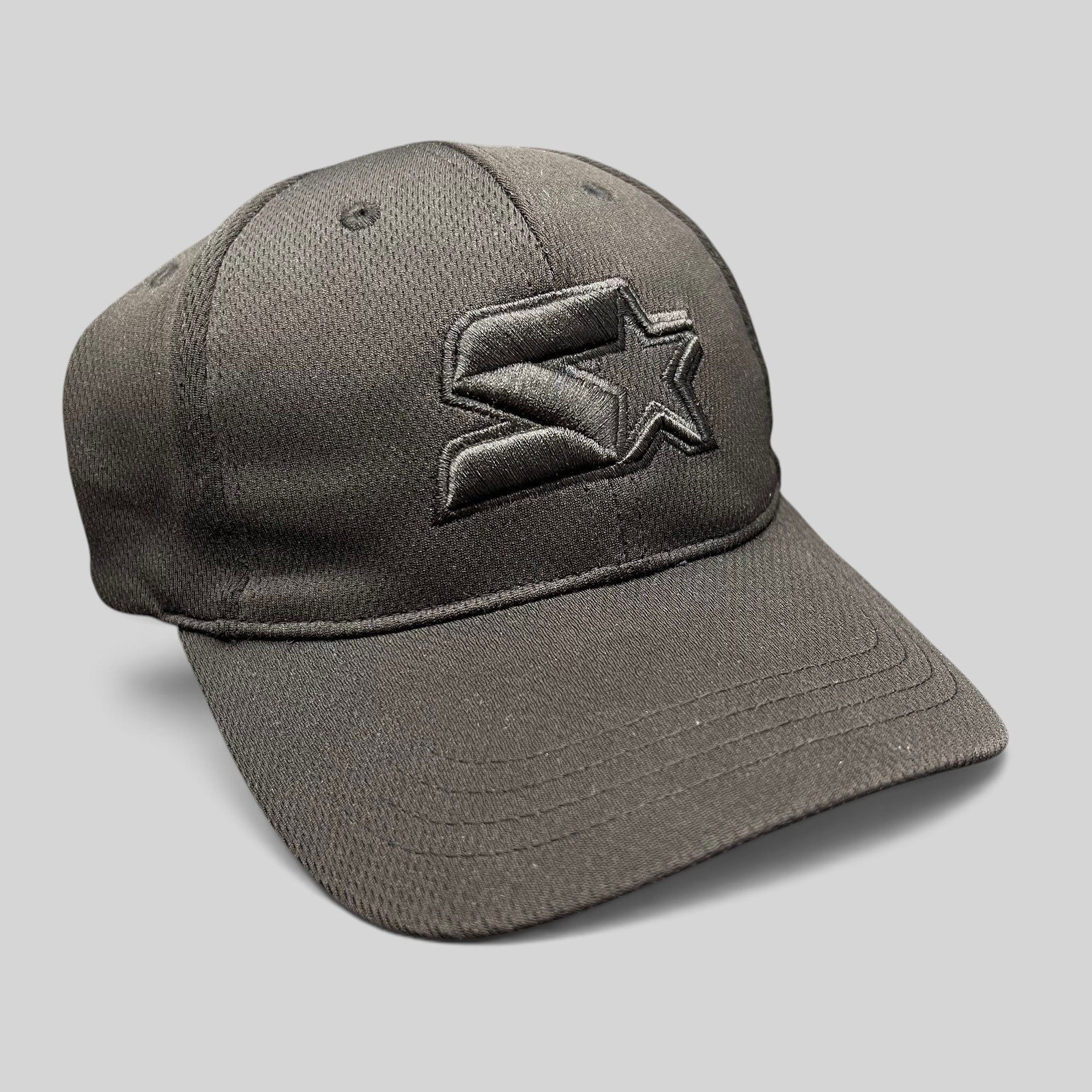 Raree Finds black Starter strapback hat with tonal embroidered logo and structured polyester athletic design.