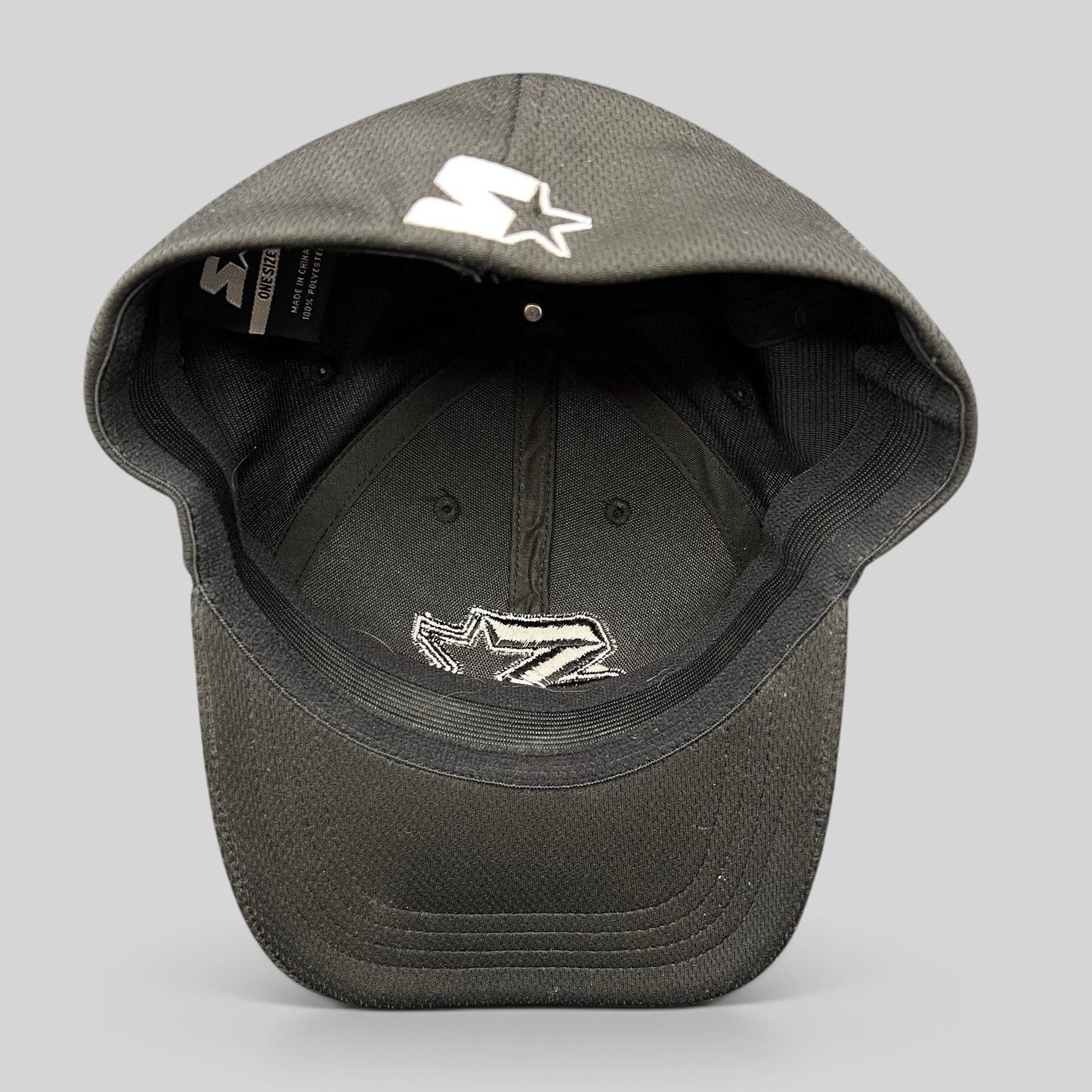 Raree Finds black Starter strapback hat with tonal embroidered logo and structured polyester construction