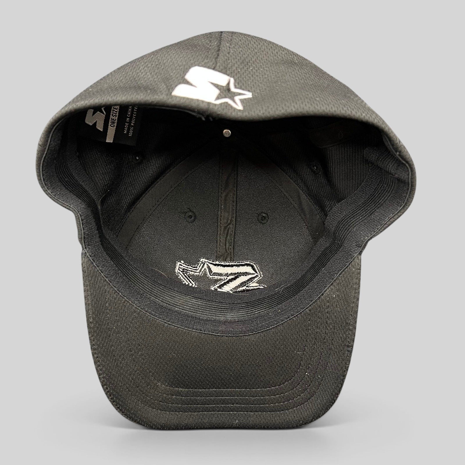 Raree Finds black Starter strapback hat with tonal embroidered logo and structured polyester construction