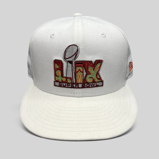 Raree Finds New Era Super Bowl LIX white 9FIFTY snapback hat with colorful embroidered trophy logo and flat bill