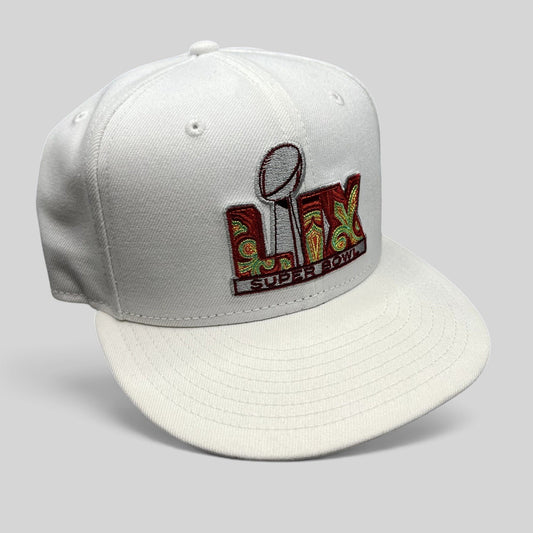 Raree Finds New Era Super Bowl LIX white 9FIFTY snapback hat with colorful embroidered trophy logo and flat bill