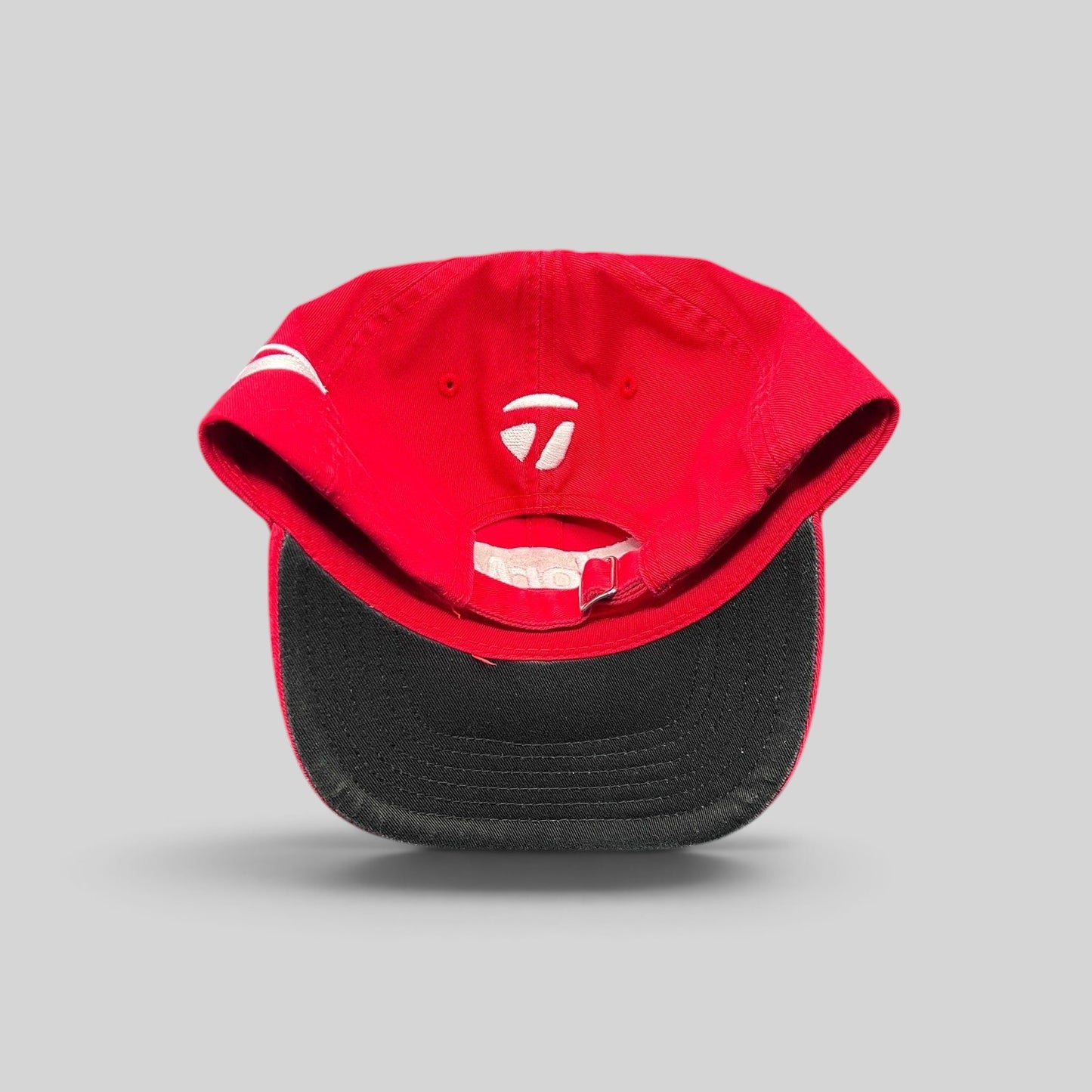 Raree Finds TaylorMade red cotton strapback golf hat with a black brim and white logo embroidery