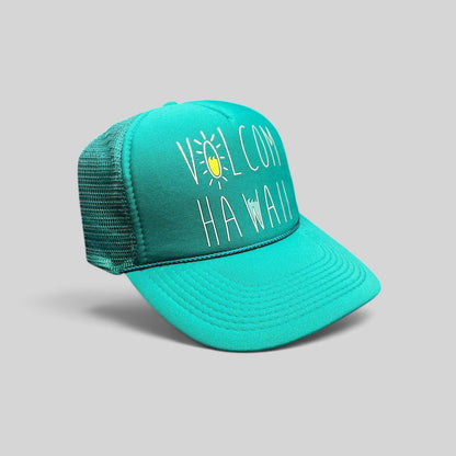 Raree Finds teal Volcom Hawaii trucker hat with foam front, mesh back, rope detail, and surf-inspired graphic.