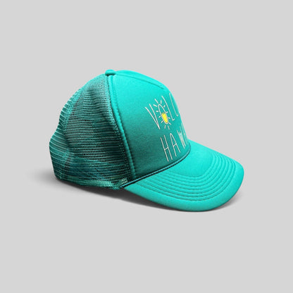 Raree Finds teal Volcom Hawaii trucker hat with foam front, mesh back, rope detail, and sun and wave graphic.