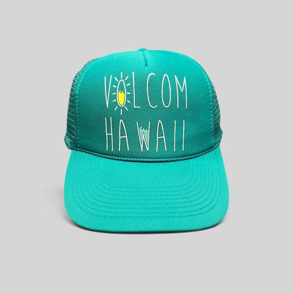 Raree Finds teal Volcom Hawaii trucker hat with foam front panel, mesh back, and surf-inspired graphic.
