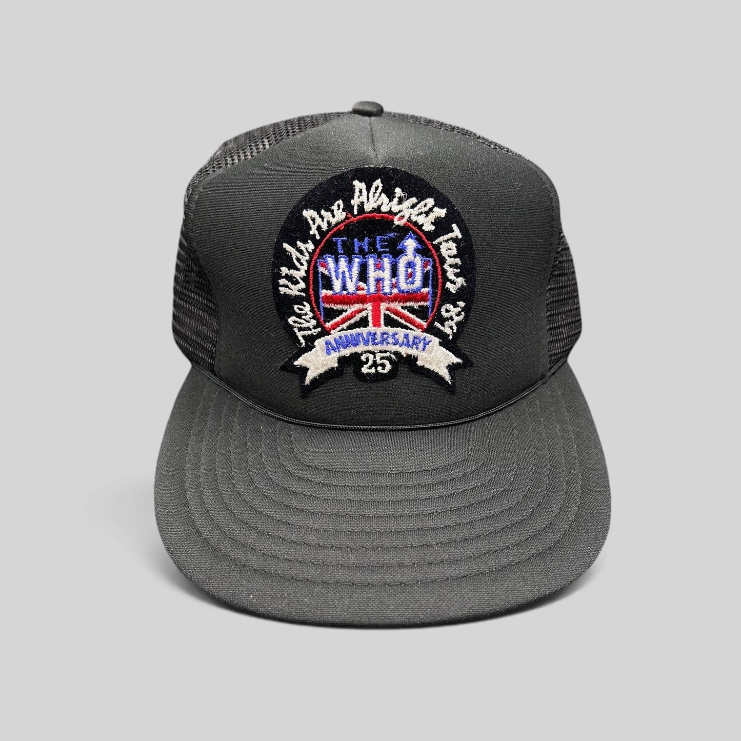 Raree Finds vintage 1989 The Who 25th Anniversary tour trucker hat with black foam front, mesh back, and embroidery.