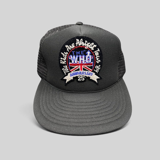 Raree Finds vintage 1989 The Who 25th Anniversary tour trucker hat with black foam front, mesh back, and embroidery.