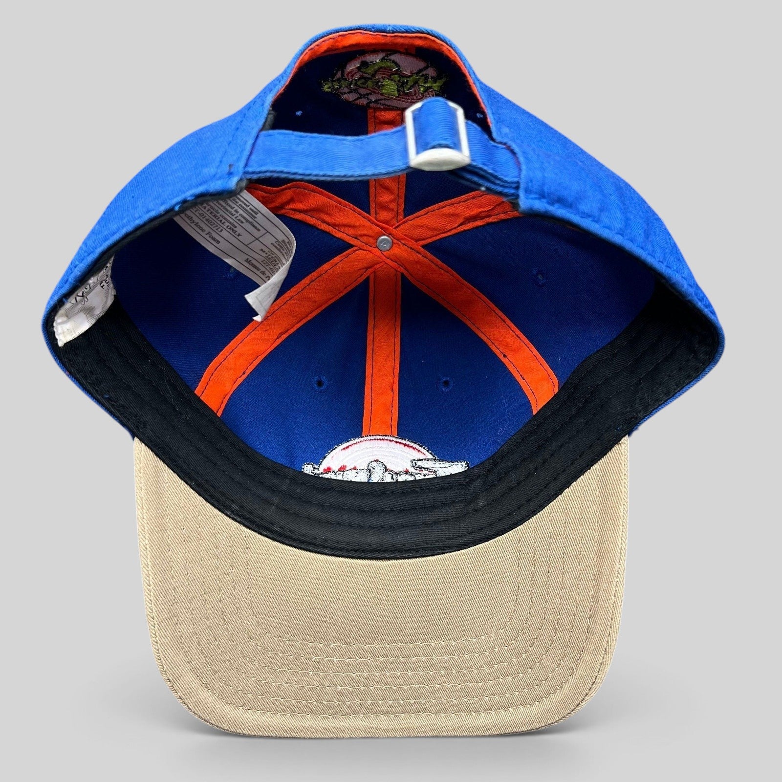 Raree Finds Warner Bros Space Jam Tune Squad strapback hat interior view showing blue crown and khaki brim