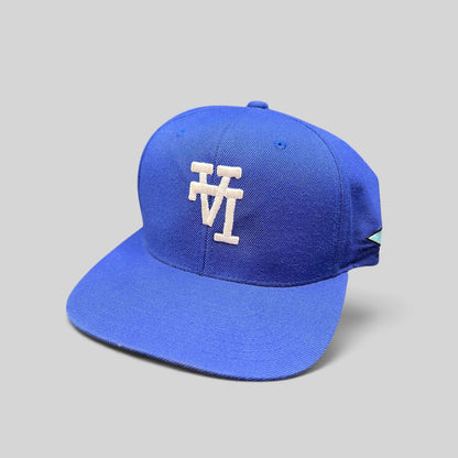 Raree Finds royal blue Uniform Studios Los Angeles snapback hat with white embroidered logo and green undervisor