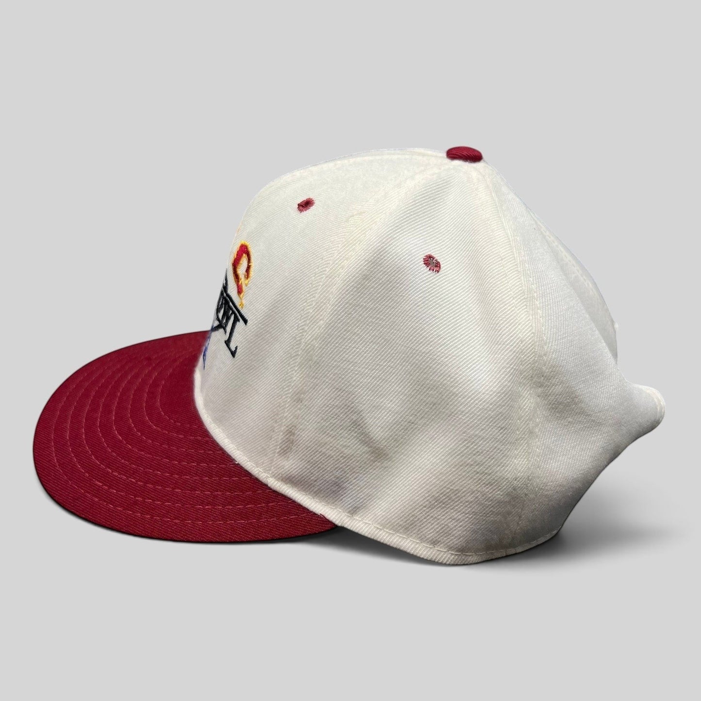 Raree Finds vintage 1995 USC Cotton Bowl snapback hat with white cotton crown, cardinal red brim, and embroidery.