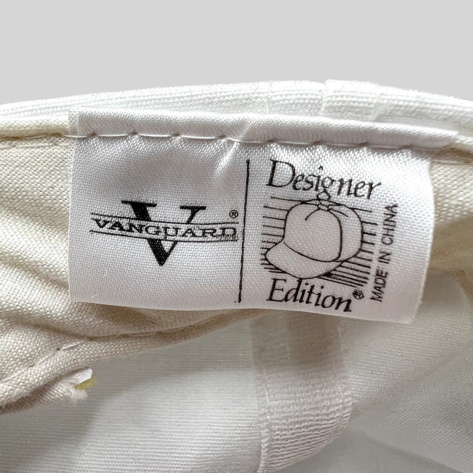 Raree Finds vintage Vanguard Designer Edition white hat interior fabric tag with branding and Made in China label