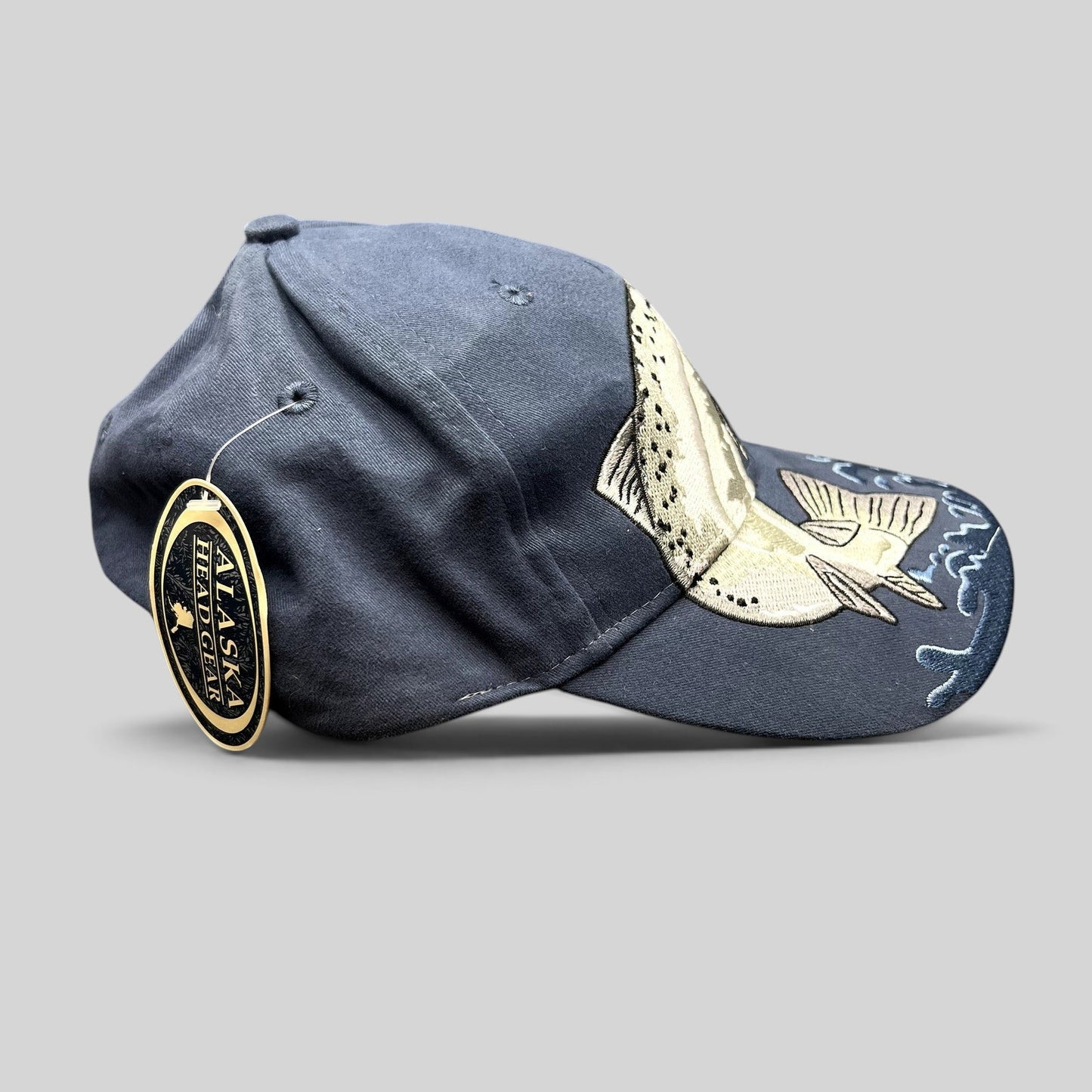 Raree Finds vintage Alaska strapback hat with oversized rainbow trout embroidery extending onto the bill.