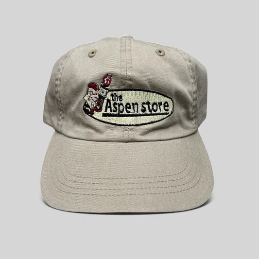 Raree Finds vintage khaki cotton strapback hat with The Aspen Store embroidered logo and adjustable fabric closure