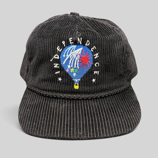Raree Finds vintage black corduroy strapback hat with hot air balloon embroidery and rope brim detail