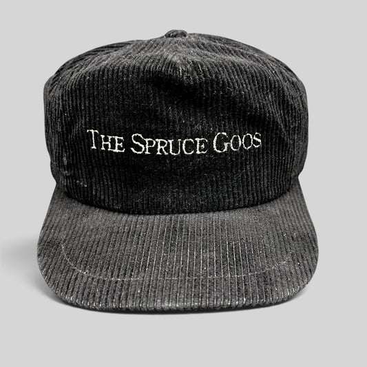 Raree Finds vintage black corduroy snapback hat with white The Spruce Goos embroidery, made in USA by California Headwear
