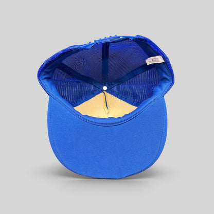 Raree Finds vintage 1980s royal blue trucker hat with mesh back and adjustable snapback closure, interior view