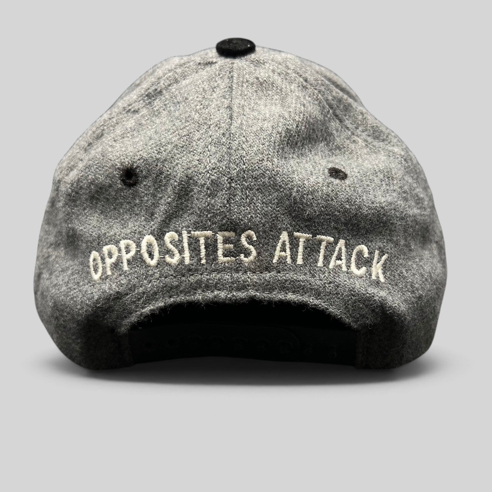 Raree Finds vintage 1997 De La Hoya vs Camacho boxing snapback hat with Opposites Attack embroidery on grey wool crown.