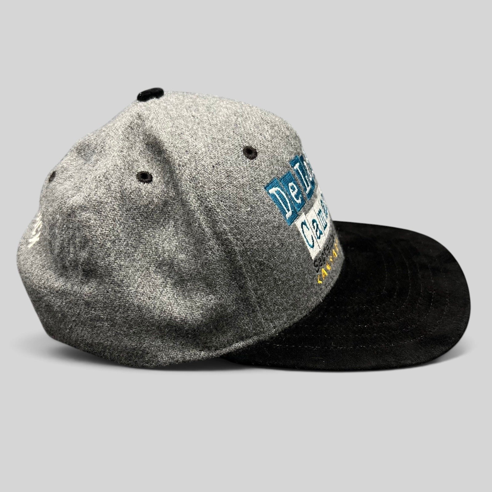 Raree Finds vintage 1997 De La Hoya vs Camacho boxing snapback hat with grey wool-blend crown and black brim.