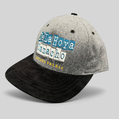 Raree Finds vintage 1997 De La Hoya vs Camacho boxing snapback hat with grey wool crown and black brim.
