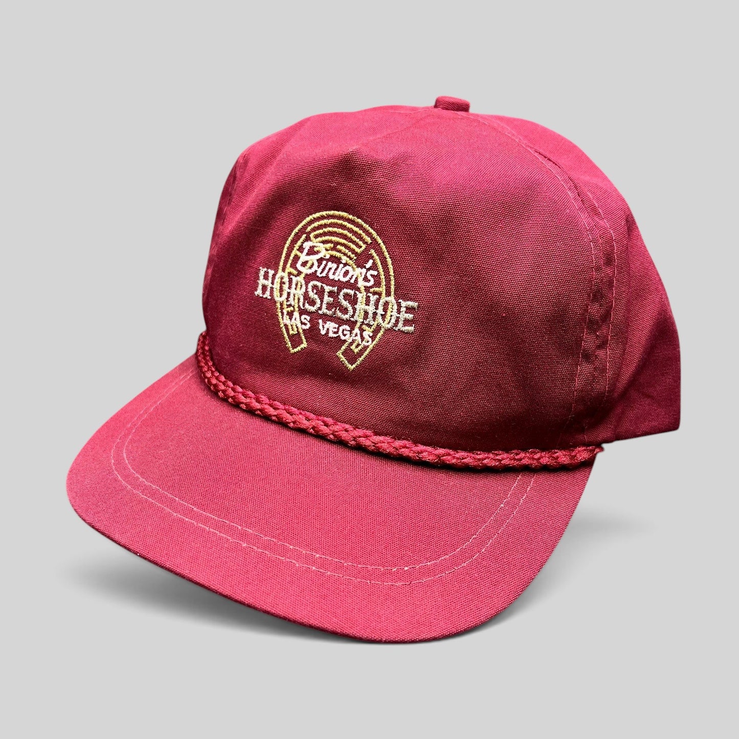 Raree Finds vintage burgundy Binion’s Horseshoe Las Vegas rope hat with embroidered logo and green underbill