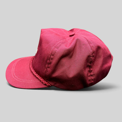 Raree Finds vintage burgundy cotton rope hat with Binion’s Horseshoe Las Vegas logo and brass buckle strapback