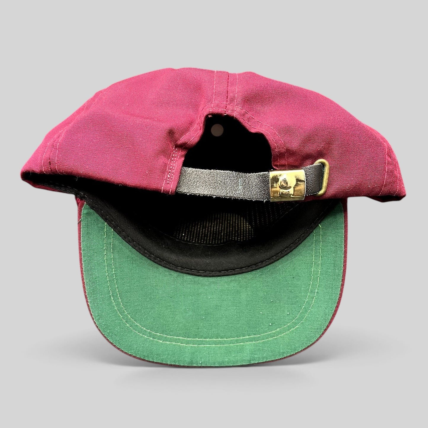 Raree Finds vintage Binion’s Horseshoe Las Vegas strapback hat featuring a burgundy crown and green underbill