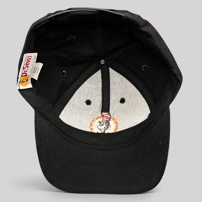 Raree Finds vintage 1994 Dr. Seuss Cat in the Hat black cotton snapback hat interior view showing tag and embroidery