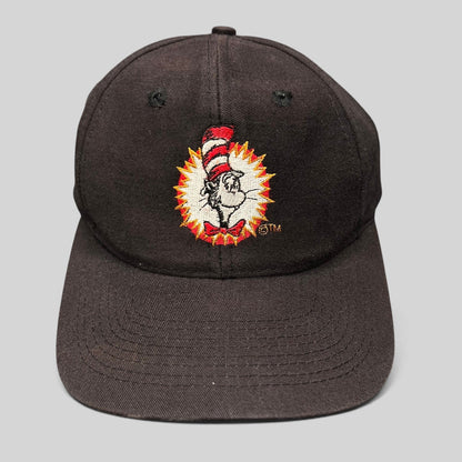 Raree Finds vintage 1994 black cotton snapback hat featuring an embroidered Cat in the Hat graphic on the front.