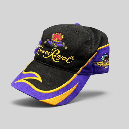 Raree Finds vintage 2003 Crown Royal Roots strapback hat in black, purple, and gold with embroidered logo and visor.