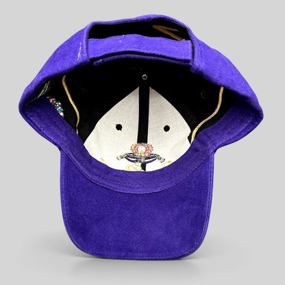 Raree Finds vintage 2003 Crown Royal Roots strapback hat in purple and black with embroidered crown logo interior view