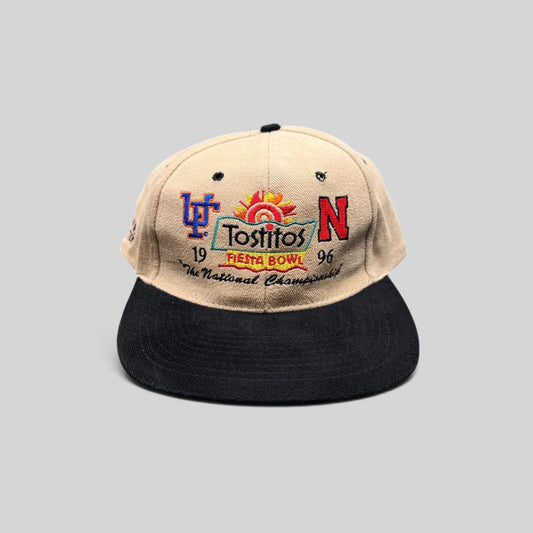 Raree Finds vintage 1996 Tostitos Fiesta Bowl snapback hat with tan crown, black brim, and multicolor team embroidery.