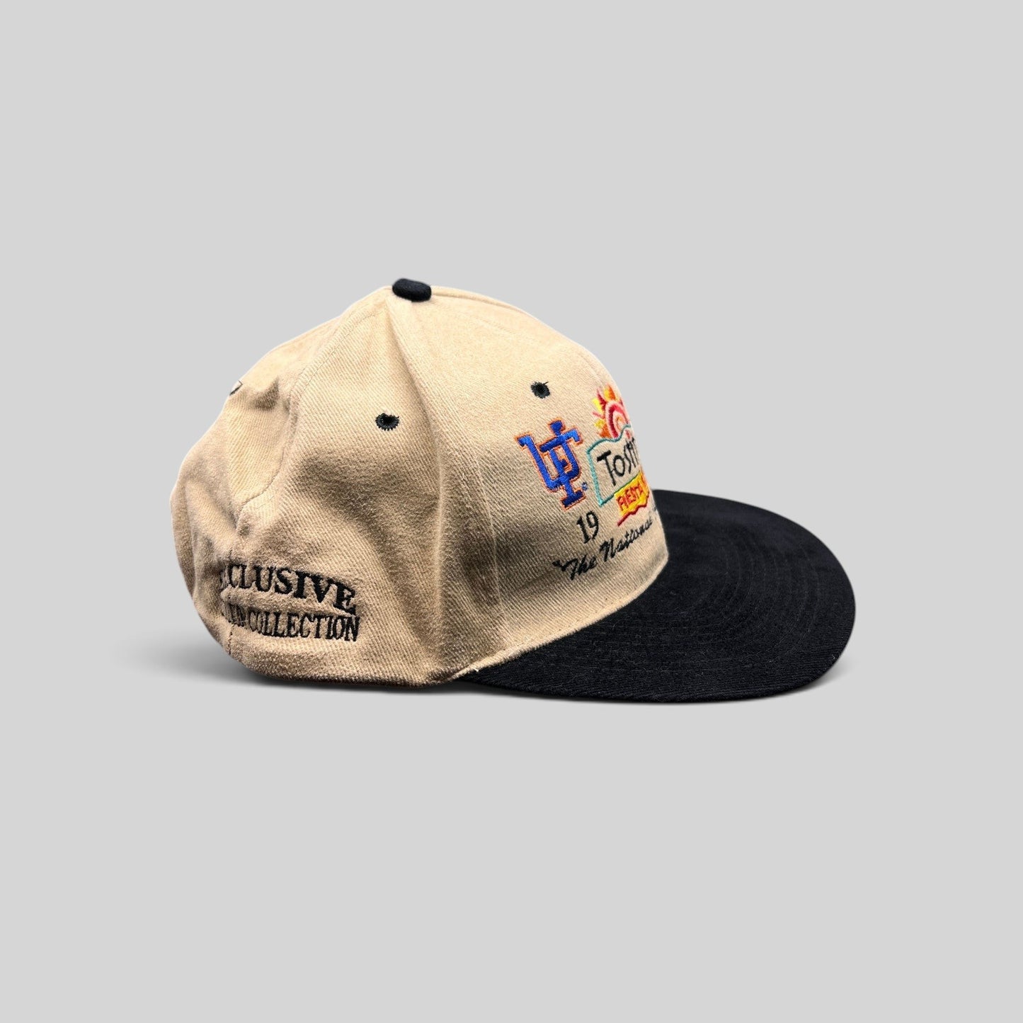 Raree Finds vintage 1996 Tostitos Fiesta Bowl snapback hat with tan cotton crown, black brim, and team embroidery.