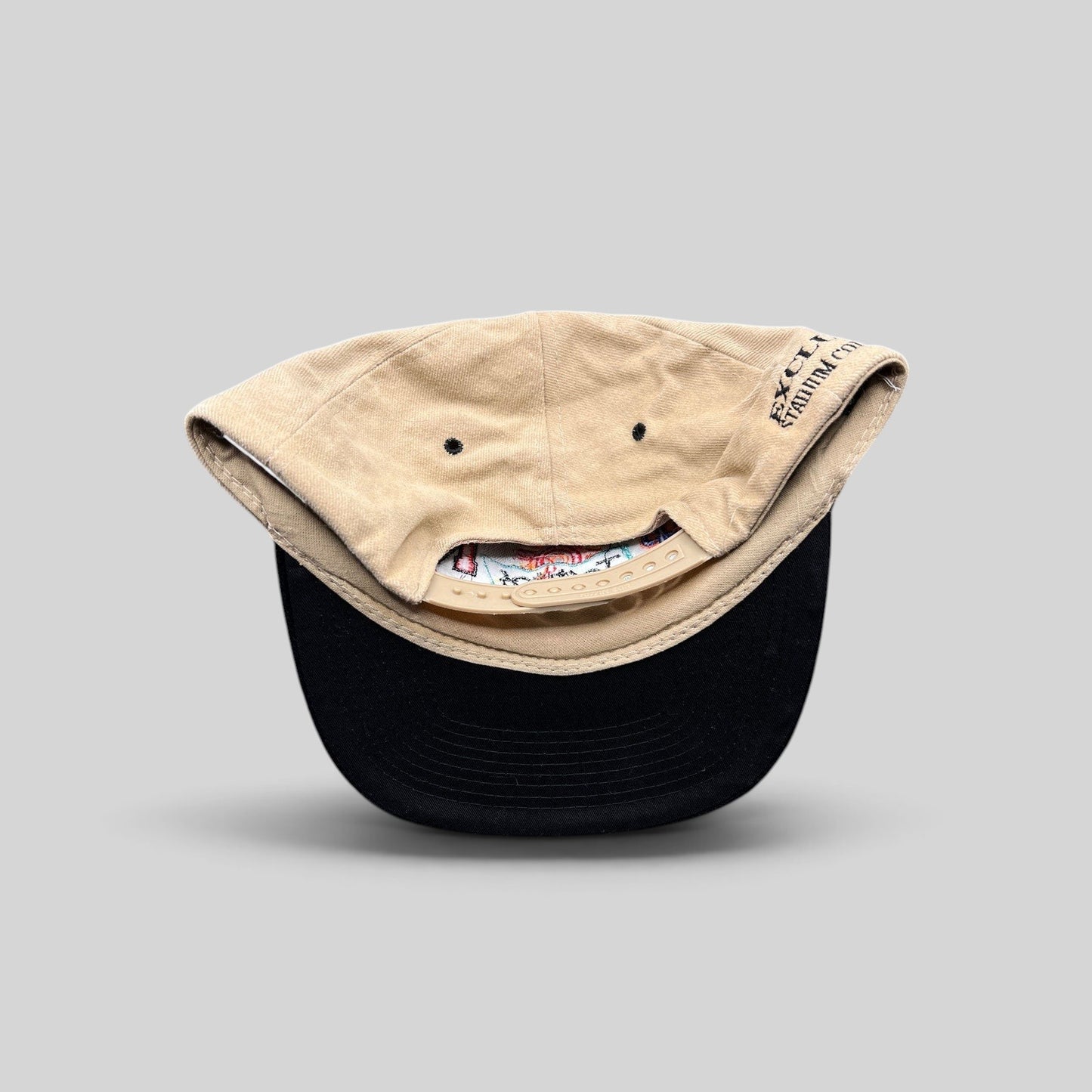 Raree Finds vintage 1996 Tostitos Fiesta Bowl snapback hat with tan crown, black brim, and adjustable plastic closure.