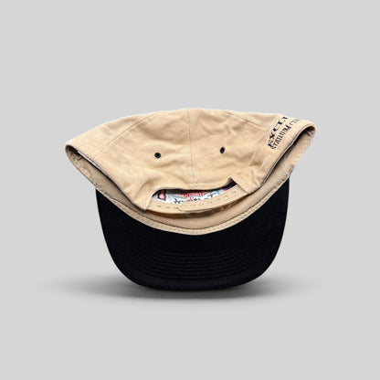 Raree Finds vintage 1996 Tostitos Fiesta Bowl snapback hat with tan crown, black brim, and adjustable plastic closure.