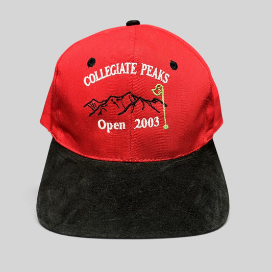 Raree Finds vintage 2003 Collegiate Peaks Open golf hat with red crown, black suede brim, and mountain embroidery.
