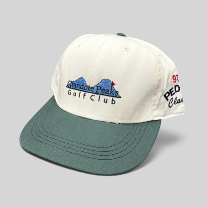 Raree Finds vintage 1997 Imperial Headwear two-tone white and green golf hat with Grandote Peaks embroidery