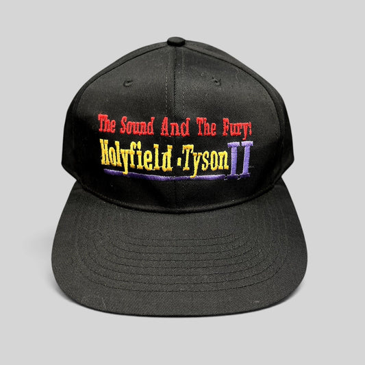 Raree Finds vintage 1997 Holyfield vs Tyson II boxing snapback hat with The Sound And The Fury embroidery on black