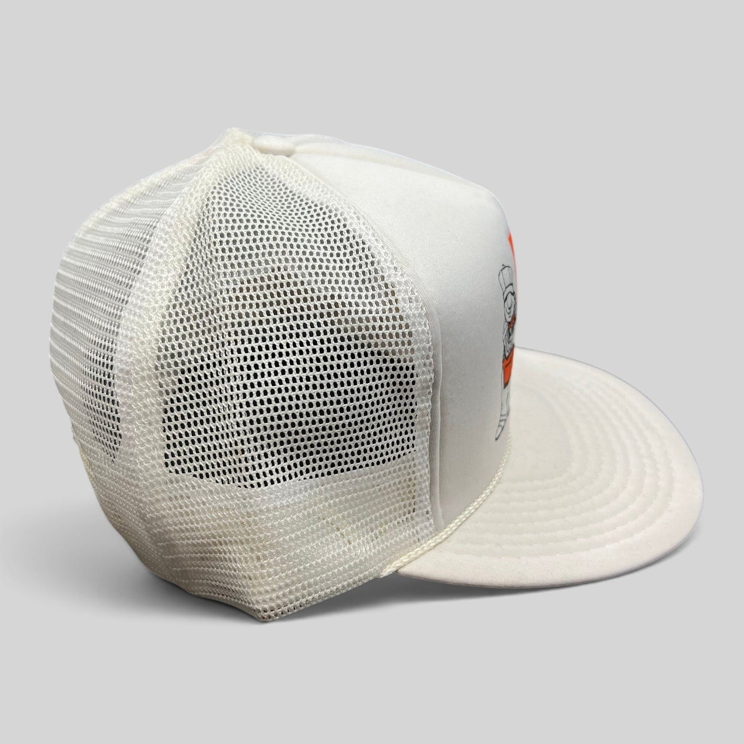 Raree Finds vintage 80s Home Depot trucker snapback hat with white mesh back, foam front, and orange logo patch