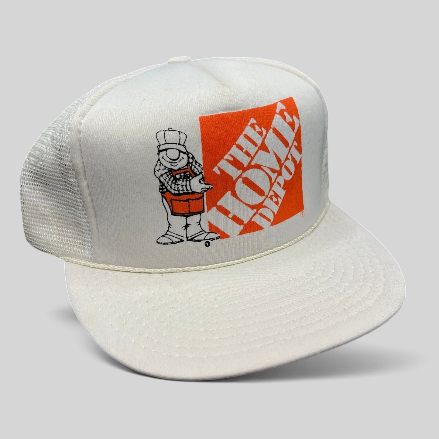 Raree Finds vintage 80s Home Depot trucker snapback hat with white foam front, orange logo, and mesh back